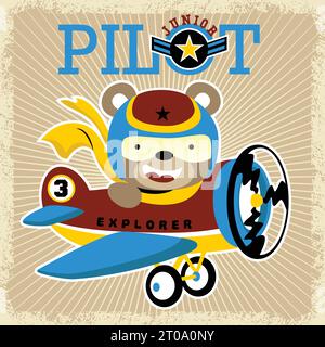 Vector cartoon illustration of funny bear pilot on vintage airplane Stock Vector