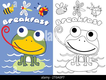 vector cartoon of little frog with bugs, coloring book or page Stock Vector