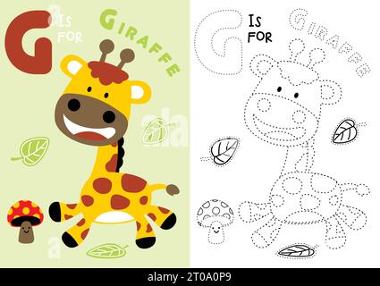 vector cartoon of giraffe with smiling mushrooms and leaves, coloring book or page Stock Vector