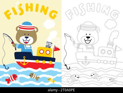 vector cartoon of bear in sailor costume fishing on the boat, coloring book or page Stock Vector
