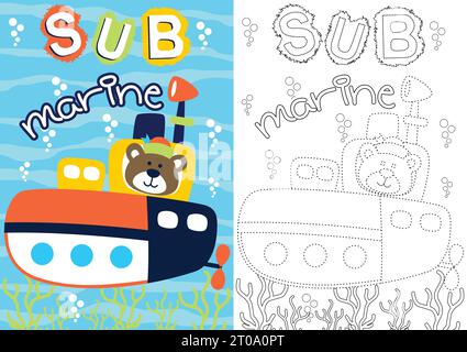 vector cartoon of cute bear on submarine, coloring book or page Stock Vector
