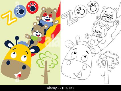 vector cartoon of cat and bear sliding on giraffe's neck, coloring book or page Stock Vector