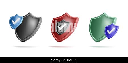 Colored shields icons collection. 3d vector isolated shield digital label in different colors with checkmark, collection Stock Vector