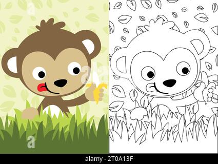 vector cartoon of monkey holding banana on leaves background, coloring book or page Stock Vector