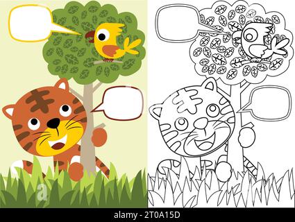 vector cartoon of tiger and little bird in the jungle, coloring book or page Stock Vector