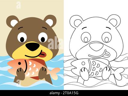 vector cartoon of cute bear catching big fish in river, coloring book or page Stock Vector