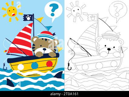 vector cartoon of cat on sailboat under shark attack, coloring book or page Stock Vector