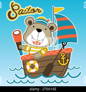 Cute bear in sailor costume on sailboat with little bird on striped ...