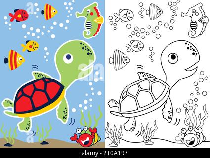 vector cartoon of turtle and friends underwater, coloring book or page Stock Vector