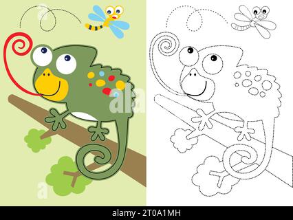 vector cartoon of chameleon on tree branches try to catch a dragonfly, coloring book or page Stock Vector