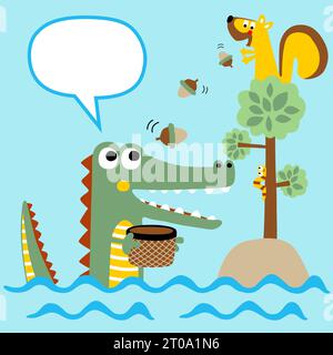 vector cartoon of squirrels on tree give oak nuts to crocodile in water Stock Vector