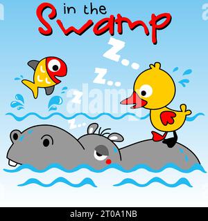 vector cartoon of hippopotamus in water with fish and duck Stock Vector