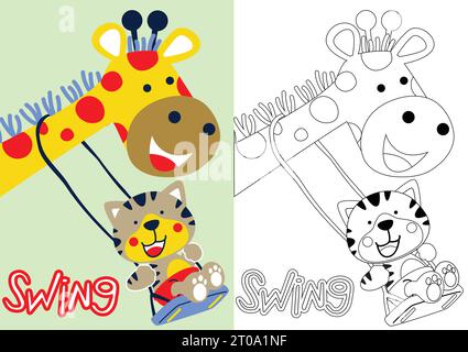 cartoon vector of giraffe and tiger playing swing, coloring book or page Stock Vector