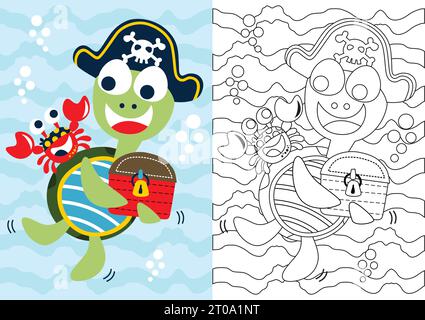 vector cartoon of crab with turtle wearing pirates cap holding treasure chest, coloring book or page Stock Vector