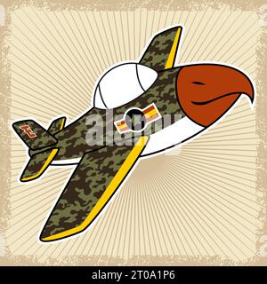 vector cartoon of fighter jet with camouflage on grunge frame Stock Vector