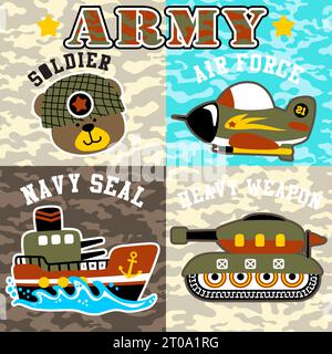 vector cartoon of cute bear army with military vehicles on camouflage background Stock Vector