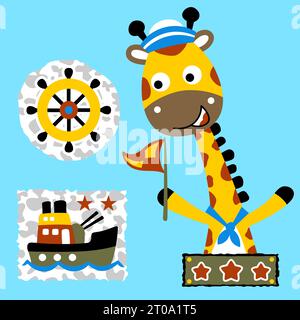 vector cartoon of giraffe in sailor costume with warship and steering wheel Stock Vector
