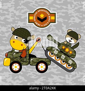 vector cartoon of funny cow driving military tow truck, cute bear on armored vehicle Stock Vector