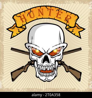vector illustration of skull and ribbon with two weapons on grunge frame border Stock Vector