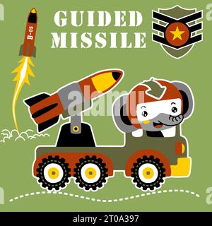 vector cartoon of elephant drive military truck with big guided missile, military elements Stock Vector