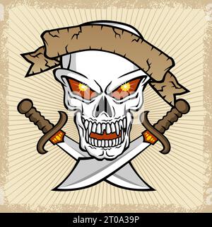 vector illustration of skull with ribbon and twin swords on grunge frame border Stock Vector