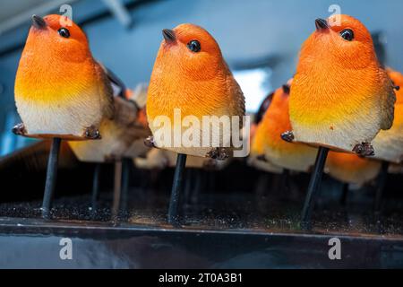 A bunch of redbreasted chritmas Robins. Ornaments for Christmas on sale in store. Stock Photo