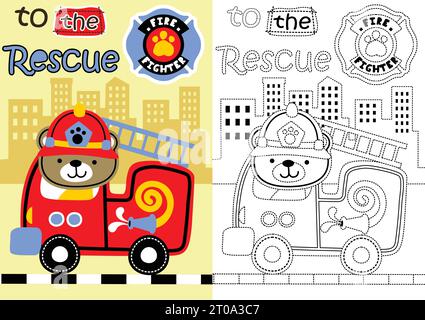 vector cartoon of cute bear driving firetruck, coloring book or page Stock Vector