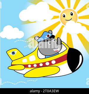 vector cartoon of rhinoceros on airplane with smiling sun Stock Vector