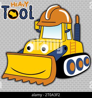 vector cartoon of funny bulldozer wearing helmet worker on bricks background Stock Vector