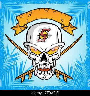 vector illustration of skull with two surfboards and ribbon on palm tree leaves background Stock Vector