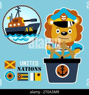 Funny lion holding steering wheel with warship and flags, vector cartoon illustration Stock Vector