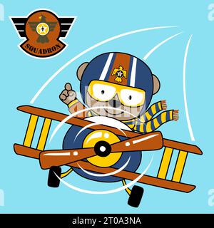 Cute bear on vintage airplane, vector cartoon illustration Stock Vector