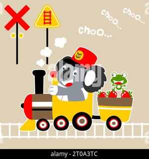 Funny koala and frog on steam train loading fruits, locomotive element, vector cartoon illustration Stock Vector