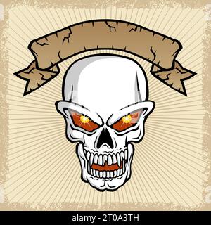 vector illustration of skull with ribbon on grunge frame border Stock Vector