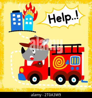 vector cartoon of cute rhino on firetruck with burning buildings Stock Vector