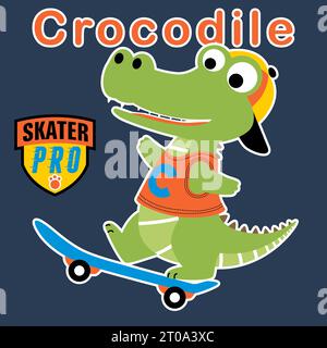 Funny crocodile playing skateboard, vector cartoon illustration Stock Vector