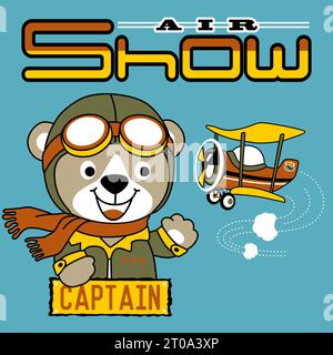 vector cartoon of funny bear in pilot costume with vintage airplane Stock Vector