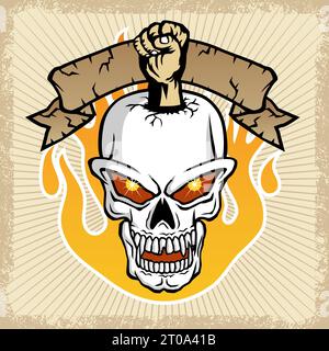 vector illustration of skull and fist with flame on grunge frame border Stock Vector