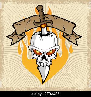 vector illustration of sword pierces the skull with ribbon and flame in grunge frame border Stock Vector