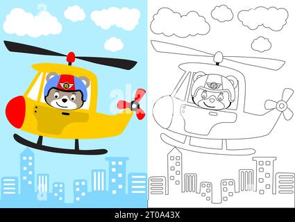 vector cartoon of cute bear pilot on helicopter, coloring book or page Stock Vector