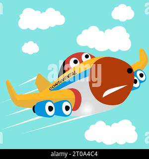 Funny airplane in the sky with clouds, vector cartoon illustration Stock Vector