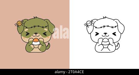 Set Clipart Halloween Rottweiler Dog Coloring Page and Colored Illustration. Kawaii Halloween Puppy Stock Vector