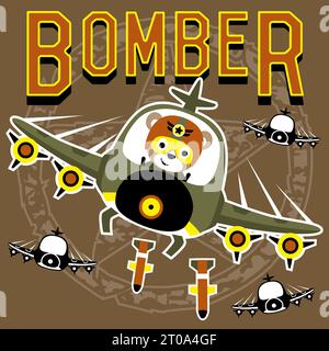 Funny bear on fighter jet dropping bomb, vector cartoon illustration Stock Vector