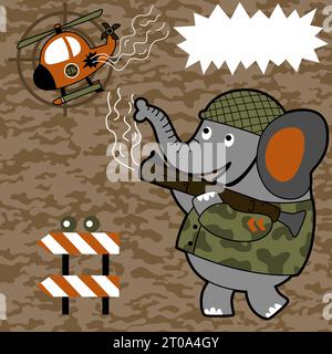 Funny elephant soldier shoot a military chopper, vector cartoon illustration Stock Vector