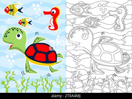 coloring book with marine animals, turtle with fishes and seahorse, vector cartoon illustration Stock Vector