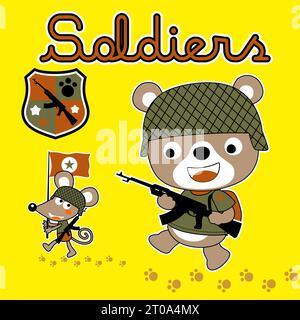 Cute bear and mice in soldier costume with weapon, vector cartoon illustration Stock Vector