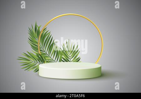 Black and white product podium with green tropical palm leaves and a golden round arch on a gray background vector illustration Stock Vector