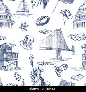 USA landmarks seamless pattern. Vector hand drawn sketch illustration. United States of America national symbols on white background. Travel and touri Stock Vector