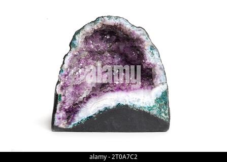 Amethyst cluster or Amethyst crystal stand up. Large deep purple to violet amethyst geode. Used for home decoration or natural healing powers and medi Stock Photo