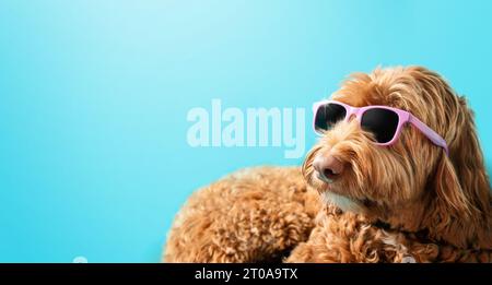 Fluffy dog with sunglasses on colored background. Cute female labradoodle dog lying sideways sunbathing while wearing pink glasses. Relaxed happy body Stock Photo